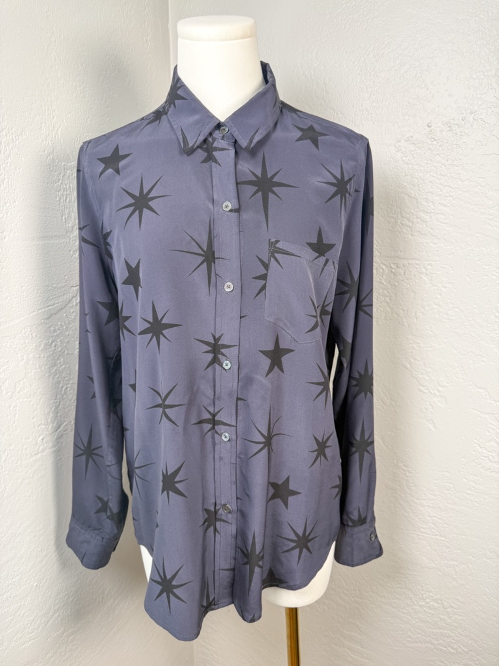 Rails 100% Silk Kate Star Print Button Down Shirt Navy Constellation Blouse M